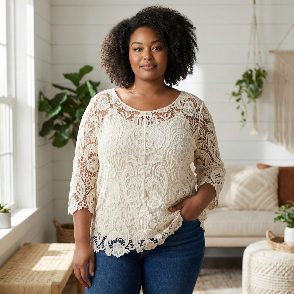 Adiva Cream Floral‎ Lace 3/4 Sleeve Blouse XL Lined Scalloped Hem Ivory Top